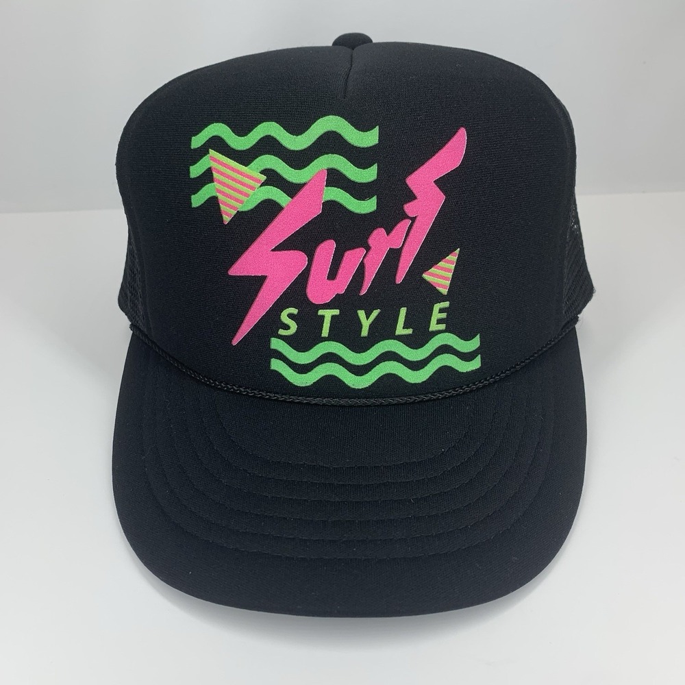 Surf Style Trucker Hat Cobra Black Neon Green Pink Mesh Rope OSFA Snapback Cap